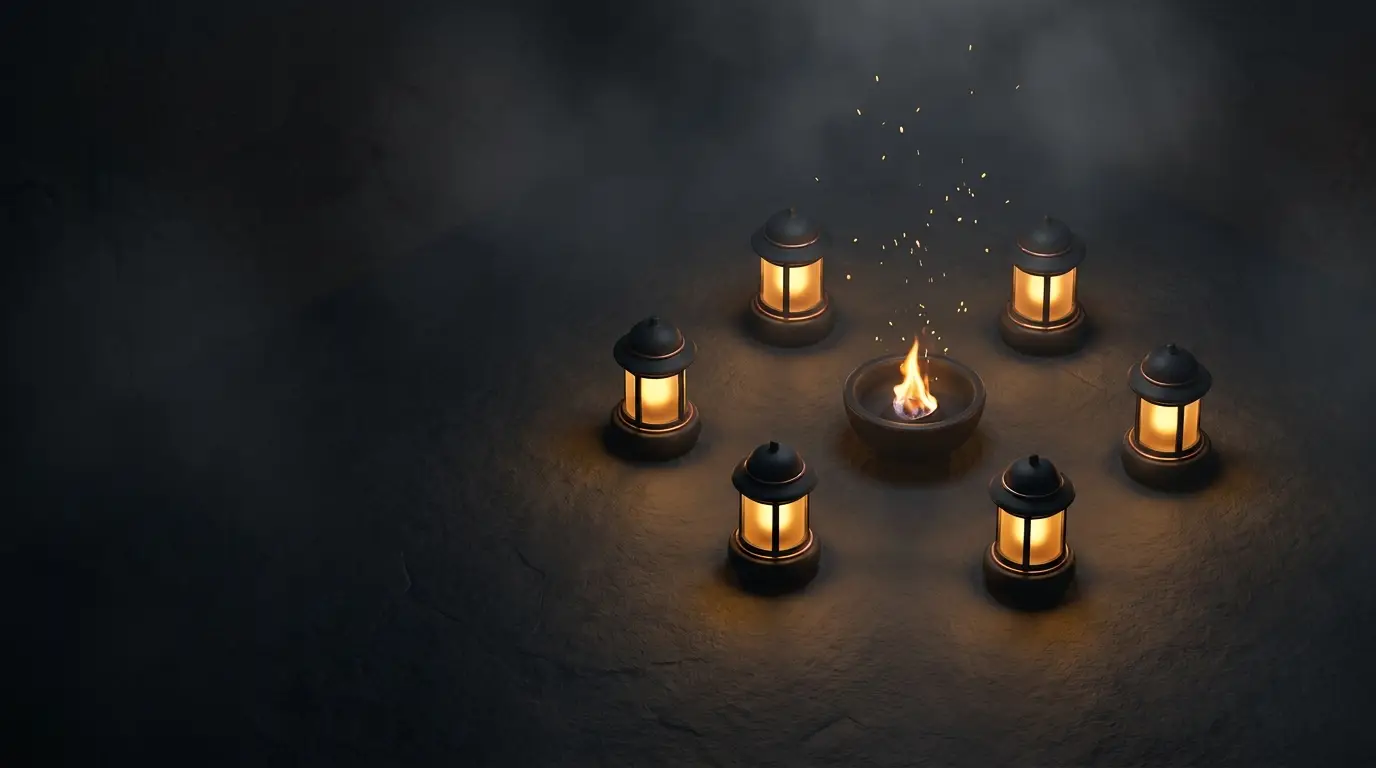 Lanterns gathered in a circle around a fire